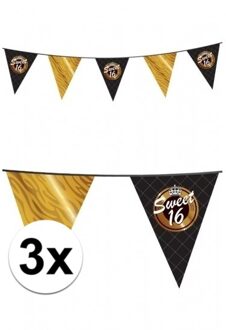 Sweet sixteen vlaggetjes - 3x stuks - zwart/goud - 10 meter - kunststof - versiering/feestartikelen Multi