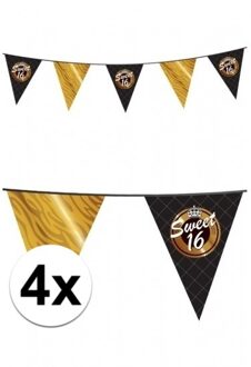 Sweet sixteen vlaggetjes - 4x stuks - zwart/goud - 10 meter - kunststof - versiering/feestartikelen
