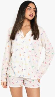 Sweets Print Pajamaset Met Langmouwen Overhemd En Shorts, Cream - 44