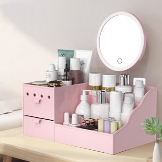Swell Led Spiegel Make Organizer Badkamer Grote Capaciteit Lade Make Storage Dozen Nagellak Huid Caretable Cosmetische Case roze met mirror / 26x15x11CM
