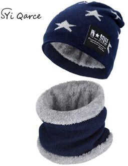 SYi Qarce 2 Stuks Kinderen Warme Winter Dikke Gebreide Muts Met Sjaal Set Skullies Mutsen voor 6-12 Jaar oude Jongen Meisje marine