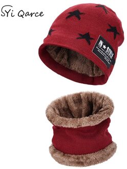 SYi Qarce 2 Stuks Kinderen Warme Winter Dikke Gebreide Muts Met Sjaal Set Skullies Mutsen voor 6-12 Jaar oude Jongen Meisje wijn rood