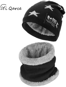 SYi Qarce 2 Stuks Kinderen Warme Winter Dikke Gebreide Muts Met Sjaal Set Skullies Mutsen voor 6-12 Jaar oude Jongen Meisje zwart
