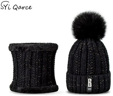 SYi Qarce Brief B 2 Pcs Vrouwen Winter Warm Gebreide Muts Sjaal Set Fleece Prefect Christmas voor meisje vrouwen hoed en sjaal zwart