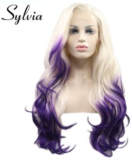Sylvia Natuurlijke Haarlijn Zijscheiding Ombre Blonde Paars Lange Body Wave Synthetische Lace Front Pruik Hittebestendige Vrouwen Haar pruiken 24 inches