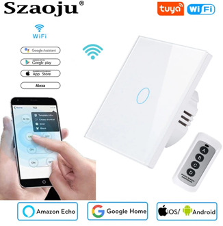 Szaoju touch switch EU standard,white crystal glass panel, Tuya smart 433RF, Ac220v, 1 set, 1 way, wall light, wall touch screen