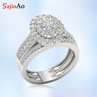 szjinao Diamond Ring For Women White Gold Couple Rings Set Wedding Engagement Gemstones Real 925 Sterling Silver Fine Jewelry