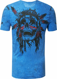 T-shirt met gewassen ronde hals, knoopsluiting en prints - maat L Blauw