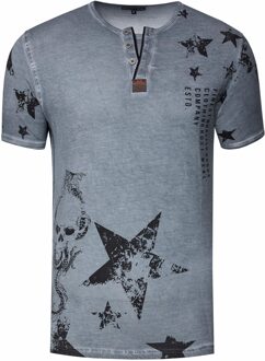 T-shirt met ronde hals en Henley-stijl, met opdrukken en knoopsluiting Donkergrijs - 2XL
