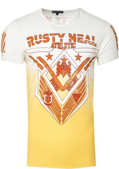 T-shirt met ronde hals en voorkant met opdruk - maat S Geel