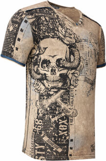 T-shirt met V-hals en all-over skull- en slangprint en suède details - maat 3XL Olijf