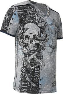 T-shirt met V-hals en all-over skull- en slangprint en suède details - maat L Donkergrijs
