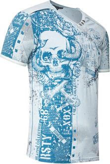 T-shirt met V-hals en all-over skull- en slangprint en suède details - maat M Lichtblauw