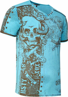 T-shirt met V-hals en all-over skull- en slangprint en suède details Turquoise - L