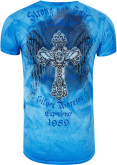 T-shirt met V-hals en voor- en achterkant bedrukt - maat S Blauw