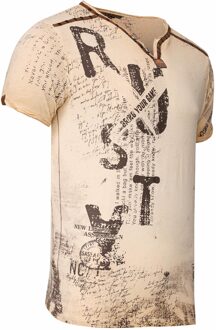 T-shirt met V-hals, suède details en een patroon van klinknagels Beige - XL