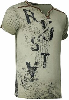T-shirt met V-hals, suède details en een patroon van klinknagels - maat XL Kaki