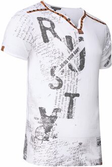 T-shirt met V-hals, suède details en een patroon van klinknagels Wit - XL