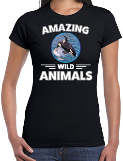 T-shirt orka walvissen amazing wild animals / dieren zwart voor dames M