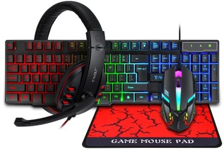 T-WOLF TF800 Four-piece Gaming Combo 104 Keys Keyboard 4-color Breathing Light Mouse 3.5mm Gaming Headset Anti-slip Mouse Pad