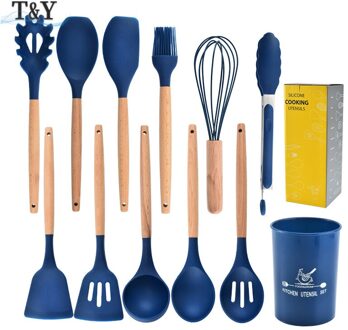 T & Y 12Pcs Marineblauw Siliconen Keukengerei Gebruiksvoorwerp Set, Anti-aanbak Hittebestendige Koken Gadget Sets, turner, Vergiet, Lepel marine blauw reeks