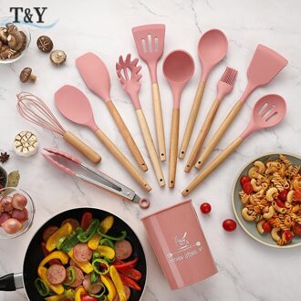 T & Y 12Pcs Marineblauw Siliconen Keukengerei Gebruiksvoorwerp Set, Anti-aanbak Hittebestendige Koken Gadget Sets, turner, Vergiet, Lepel roze reeks