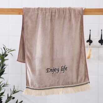 T044A Borduurwerk Brief ''Enjoy Life'' Ivoor Licht Roze Bruin Zachte Hotel Gezicht Handdoek Met Kwasten licht bruin