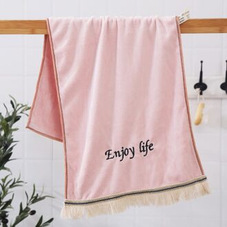 T044A Borduurwerk Brief ''Enjoy Life'' Ivoor Licht Roze Bruin Zachte Hotel Gezicht Handdoek Met Kwasten