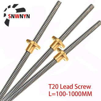 T20 Lead Screw 100 150 200 250 300 350 400 450 500 600 1000mm Picth 4mm Lead 4mm Trapezoidal Screw With Brass Nut For 3D Printer