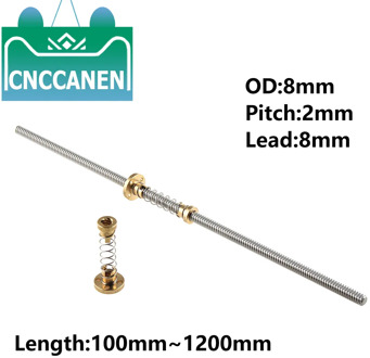 T8 lead screw 300mm 400mm 500mm 600mm 1000mm 1200 mm picth 2mm lead 8mm + Anti Backlash Spring Loaded Nut 3D Printer Parts
