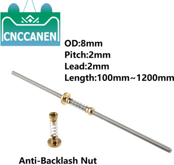 T8 lead screw 3D Printer 300mm 350mm 500mm 600mm 1000mm Picth 2mm Lead 2mm + Anti Backlash Spring Loaded Nut