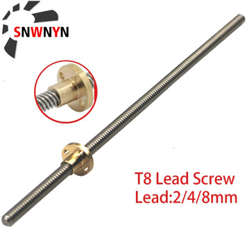 T8 Lead Screw 8mm Lead 2mm/4mm/8mm Pitch 2mm OD 8mm L 100 200 300 350 400 500 600 1000 1200mm With Brass Nut For CNC 3D Printer