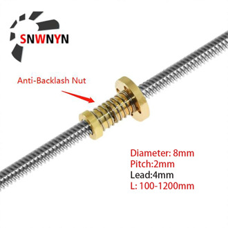 T8 Lead Screw Lead 4mm With Anti-Backlash Nut Pitch 2mm OD 8mm 200mm 1000 1200mm T-Type Stepper Motor Trapezoida For 3D Printer