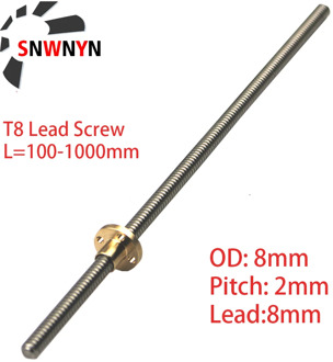 T8 Lead Screw Lead 8mm Pitch 2mm OD 8mm 100mm 200mm 300mm 350mm 400mm 500mm 600mm 1000mm With Brass Nut For Reprap 3D Printer