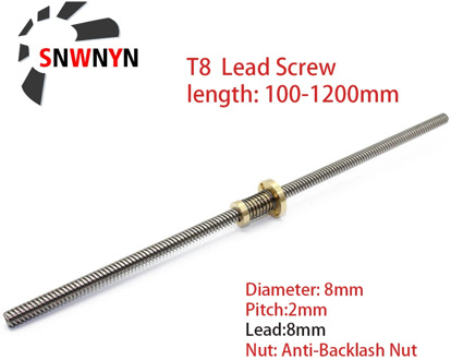 T8 Lead Screw Lead 8mm With Anti-Backlash Nut Pitch 2mm OD 8mm 200mm 1000 1200mm T-Type Stepper Motor Trapezoida For 3D Printer