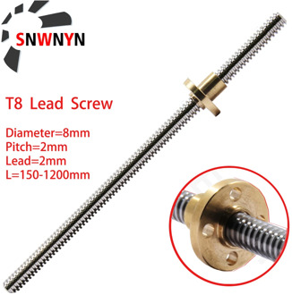 T8 Lead Screw OD 8mm Lead 2mm Pitch 2mm 150 200 250 300 350 400 500 600 1000 1500mm With Brass Nut For Reprap 3D Printer Z Axis