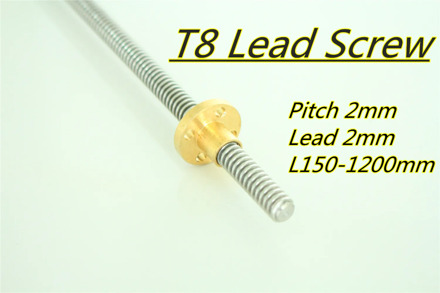 T8 Lead Screw OD 8mm Pitch 2mm Lead 2mm 150 200 300 350 500 600 1000 1200 mm with Brass Nut For CNC 3D Printer