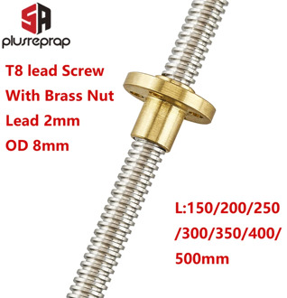 T8 Lead Screw OD 8mm Pitch 2mm Lead 2mm 150mm 200mm 250mm 300mm 350mm 400mm 500mm with Brass Nut for Reprap 3D Printer Z Axis