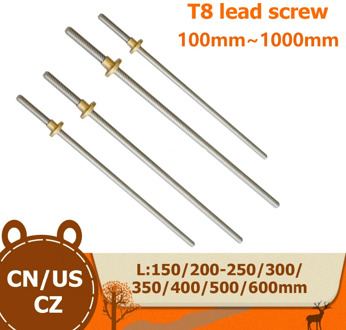 T8 Lead Screw OD 8mm Pitch 2mm Lead 8mm 100mm 200mm 300mm 350mm 400mm 500mm 600 mm with Brass Nut for Reprap 3D Printer