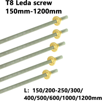 T8 Lead Screw Rod OD 8mm Pitch 2mm Lead 2mm 150 200 300 350 400 500 600 1000 1200 mm with Brass Nut For CNC 3D Printer
