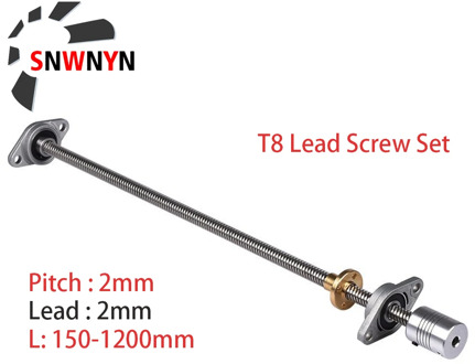 T8 Lead Screw Set Lead 2mm Length 150 200 250 300 400 500 600 1200mm+Brass Nut+Coupling D19L25 5*8mm+2Pcs KFL08 Bearing Bracket