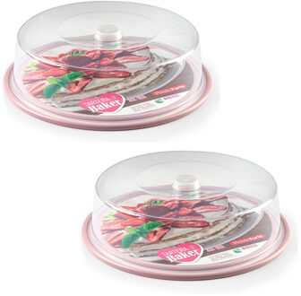 Taart bewaardoos - 2x stuks - rond - gebak plateau - roze bodem - D32 x H9,5 cm