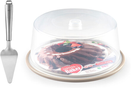Taart/gebakjes vershoud bewaardoos - rond - bodem taupe - met taartschep rvs 27 cm