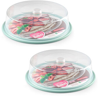 Taartdoos - 2x - 32 x 9,5 cm - transparant - taartstolp - kunststof - mintgroene bodem