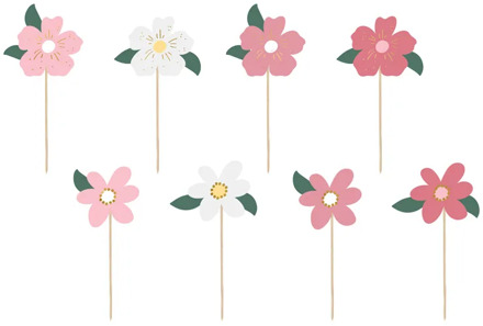 Taarttoppers Bloemen Mix Set (8 st) Roze, Wit - Transparant