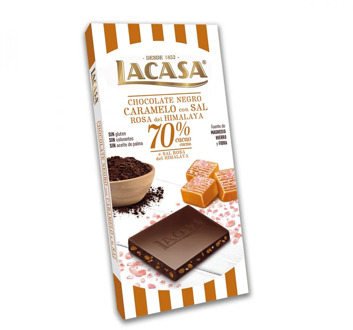 Tablet Chocolate black 70% cocoa with caramel and Himalayan Rose Salt · 100g.