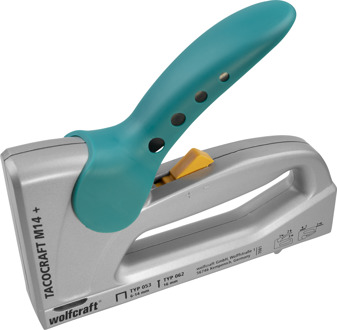 \"tacocraft M 14+\"" Handtacker met metalen huis, voor nieten 6-14 mm type 053, spijkers 16 mm type 062 artikel nr.  7081000"