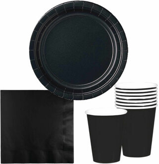 Tafel dekken feestartikelen kleur zwart 16x bordjes/16x drink bekers/20x servetten