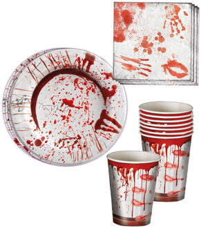 Tafel dekken Halloween feestartikelen bloederige print 12x bordjes/12x drink bekers/20x servetten