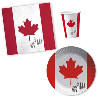 Tafel dekken versiering set - vlag Canada thema - 16x personen - Bekertjes - Bordjes - Servetten